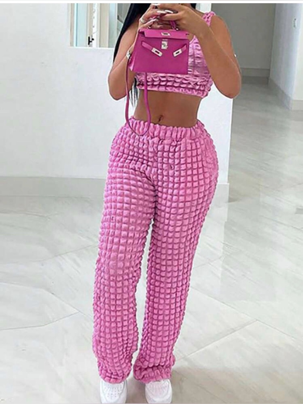 Pink or Black Boutique High-Rise Wide Leg Waffle Knit Pants and crop set.